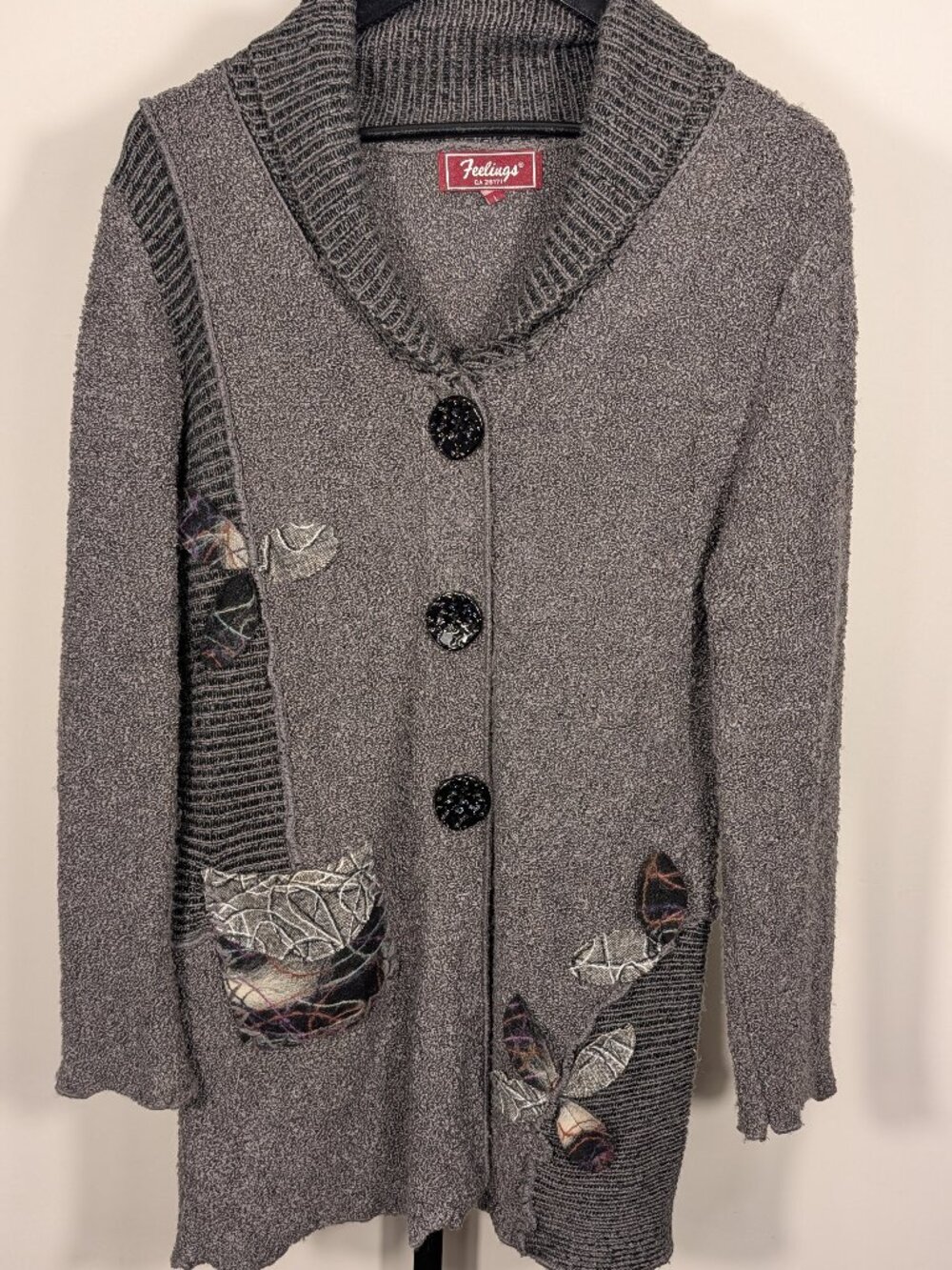Feelings Lagenlook Felted Appliqué Cardigan | Art-to-Wear Statement Piece | Sz L